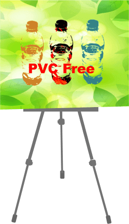 Banner stands with PVC-free message over a background