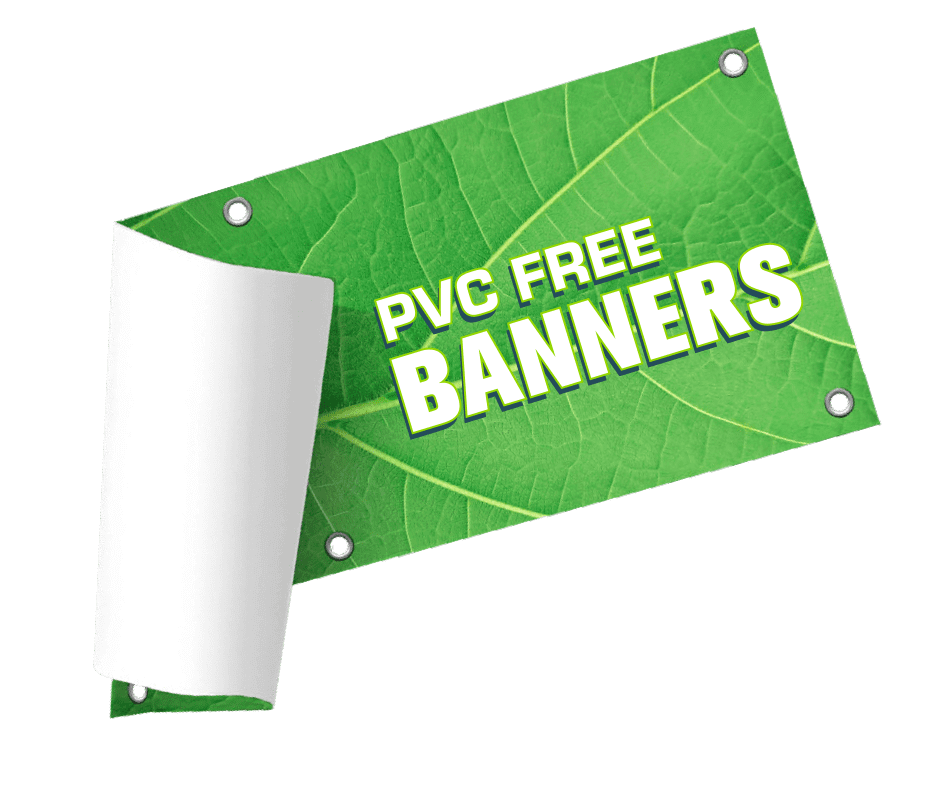 Leaf banner with text that says PVC Free Banners