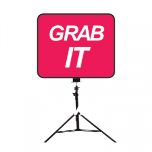 Red "GRAB IT" sign on a tripod stand | Lollipop Signs