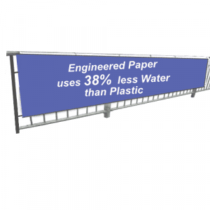 A blue banner stating "Engineered Paper uses 38% less Water than Plastic," highlighting the water-saving benefits of engineered paper for event signage.