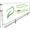 A white banner with green text and a leaf graphic, promoting sustainability with the slogan "Naturally Responsible" by Lollipop Signs.