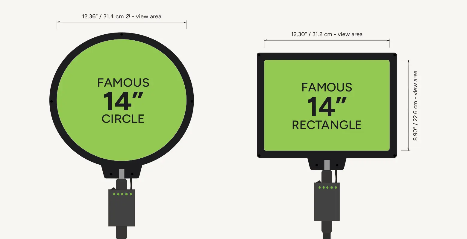 Lollipop Signs LED event sign size comparison: Famous 14-inch circle and rectangle formats with viewable-area dimensions